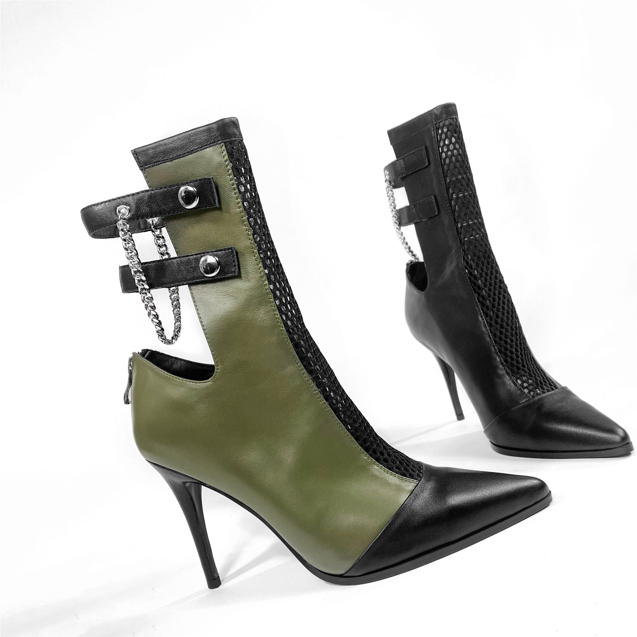 Olive green high heel leather boots, edgy luxury shoes with silver, 3/4 view