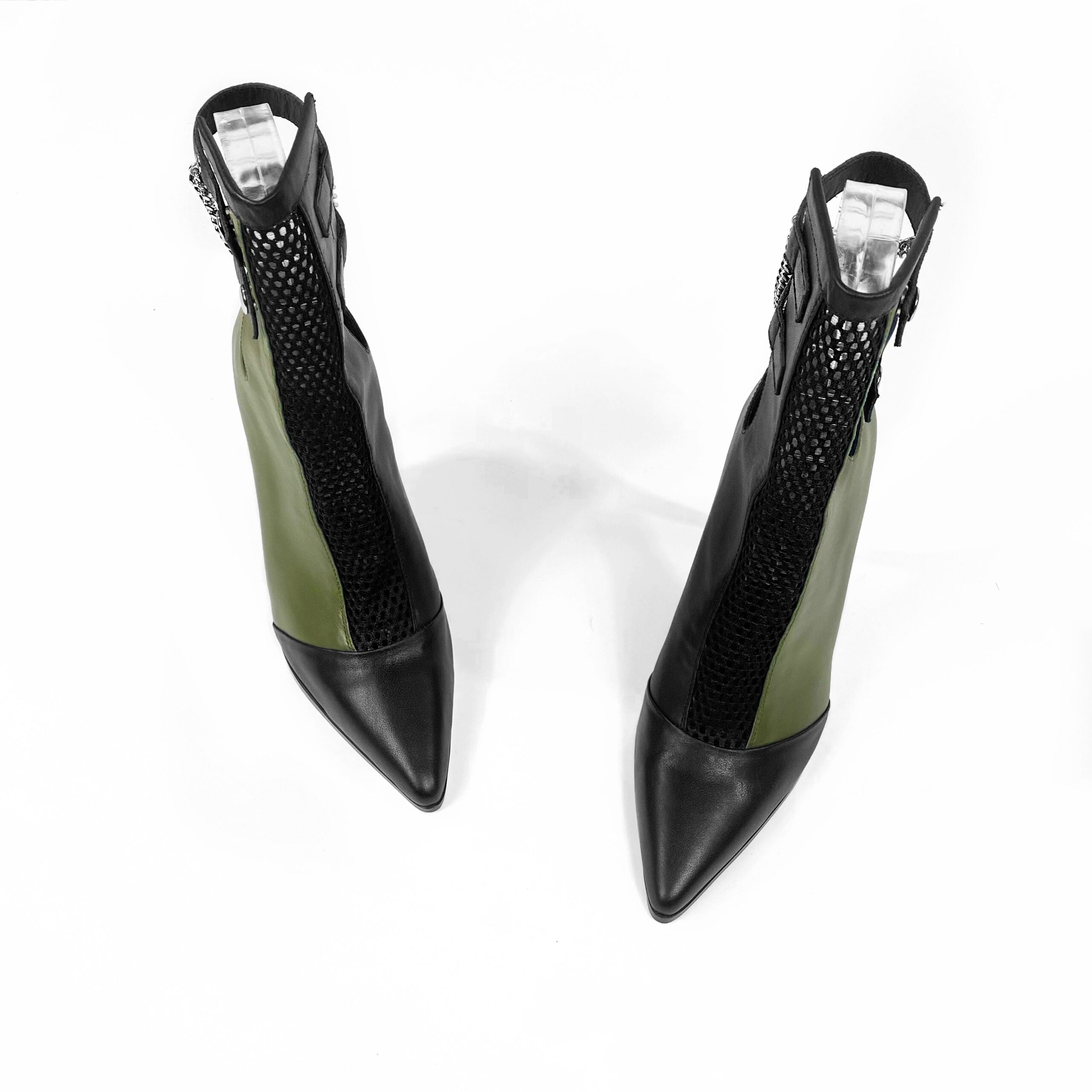 Olive green high heel leather boots, edgy luxury shoes with silver, top view