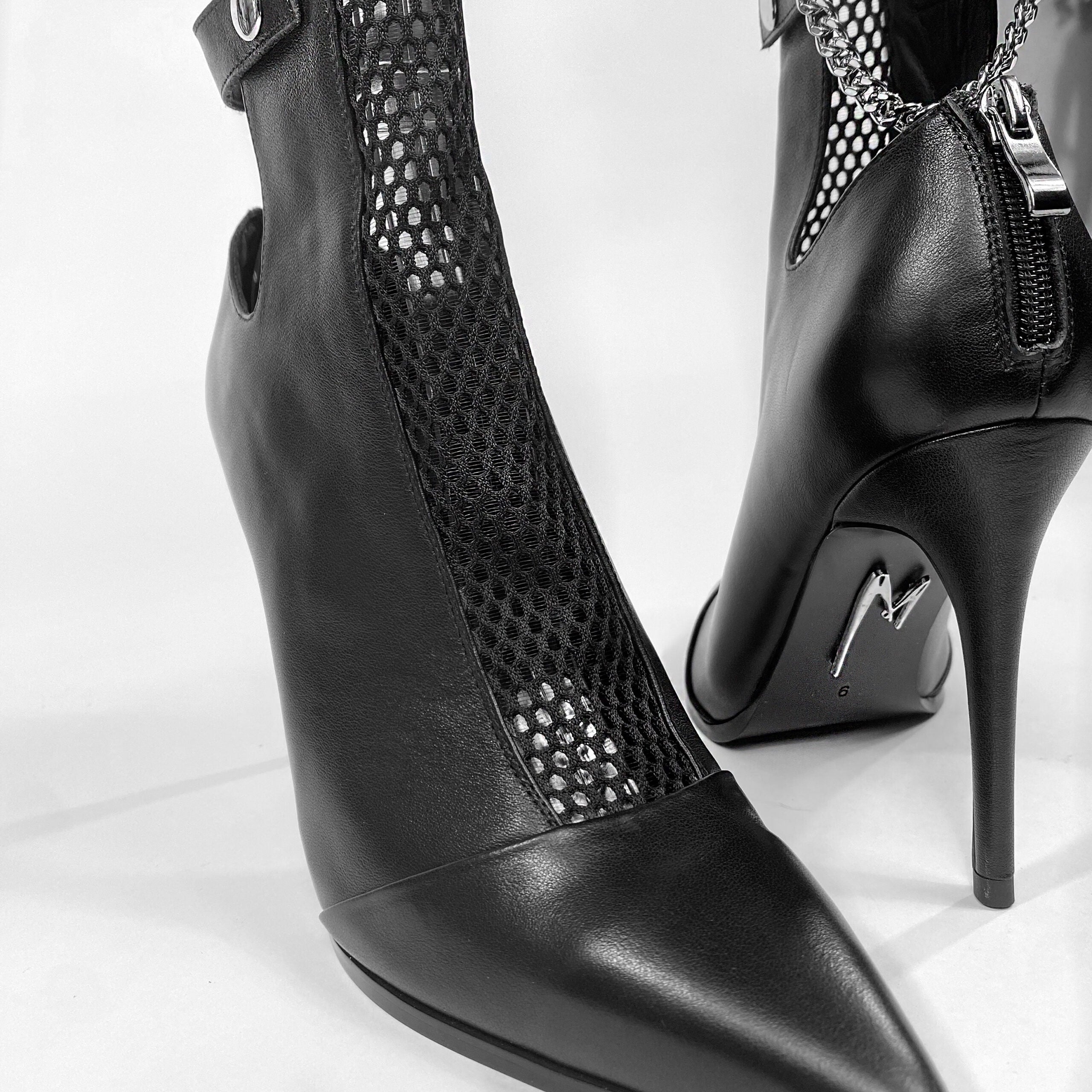Black high heel leather boots, edgy luxury shoes with silver, front & back view details