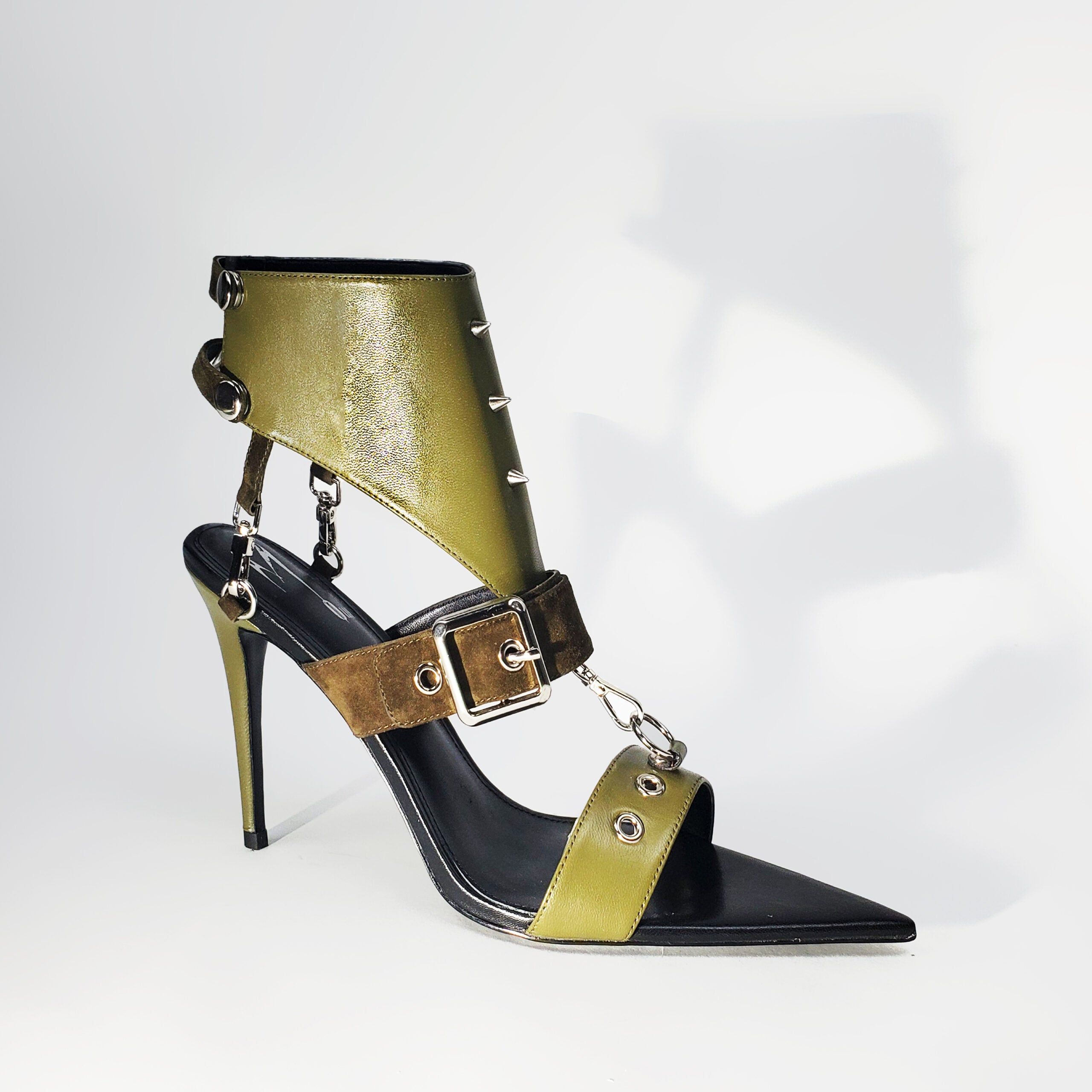 Olive green high heel leather stiletto shoes, Edgy luxury sandals with silver snaps and buckles, Side 3/4 view