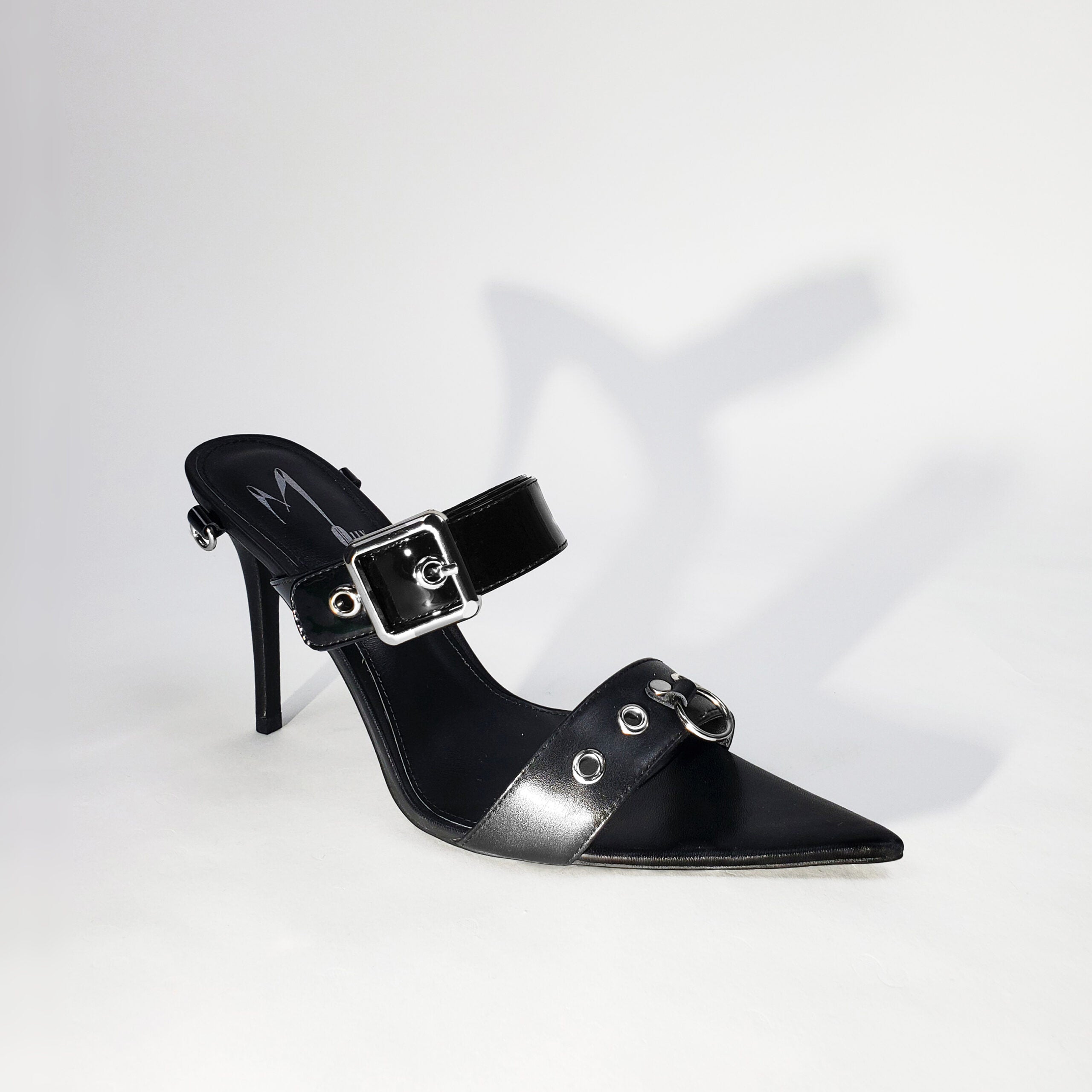 Black high heel leather stiletto shoes, Edgy luxury sandals with silver snaps and buckles, Side 3/4 view, slipper