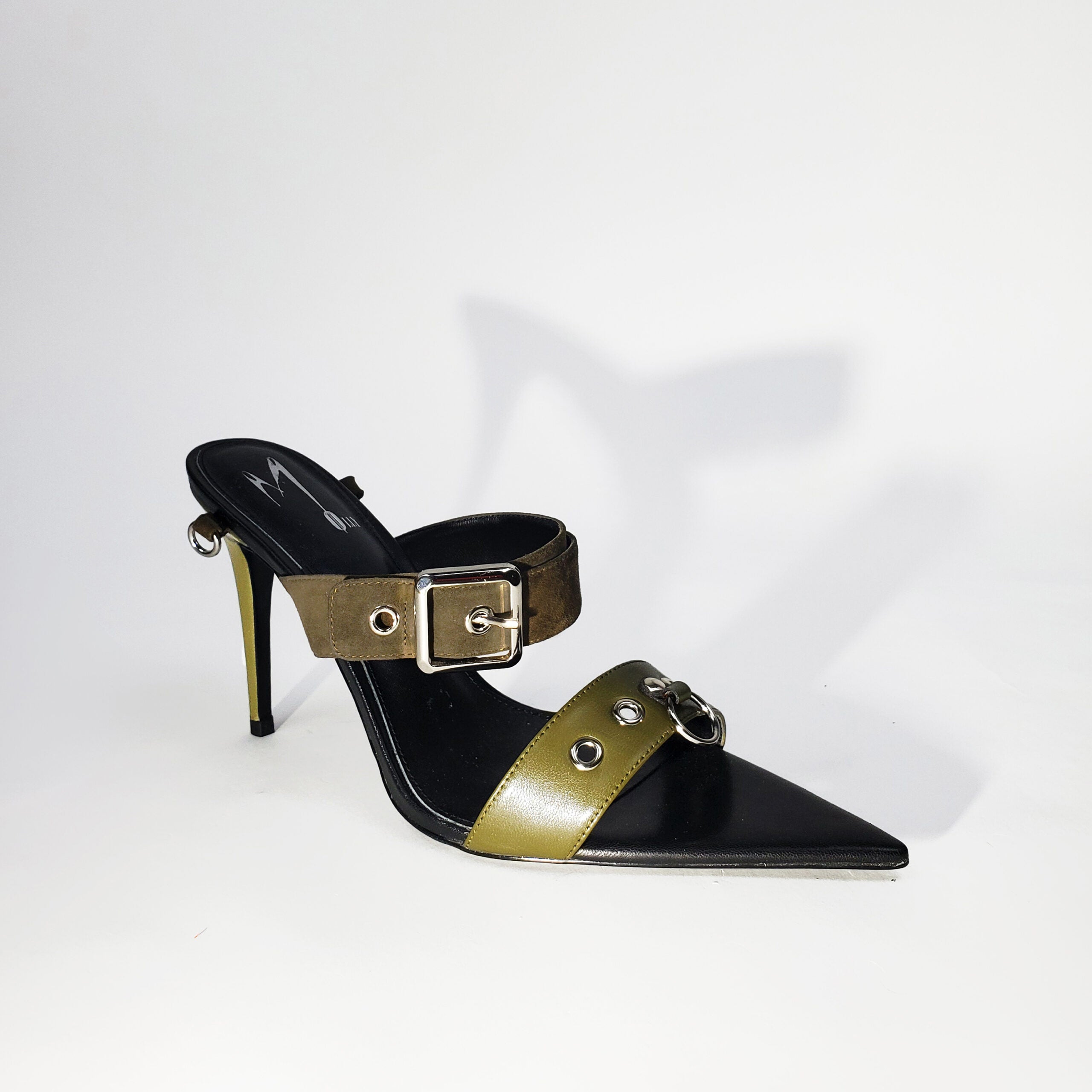 Olive green high heel leather stiletto shoes, Edgy luxury sandals with silver snaps and buckles, Side 3/4 view, slipper