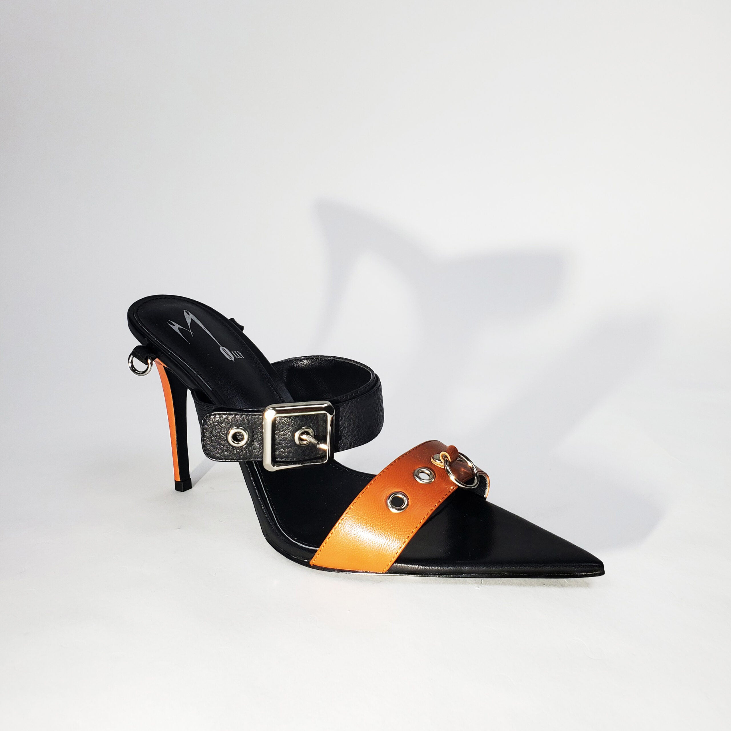 Tan brown high heel leather stiletto shoes, Edgy luxury sandals with silver snaps and buckles, Side 3/4 view, slipper