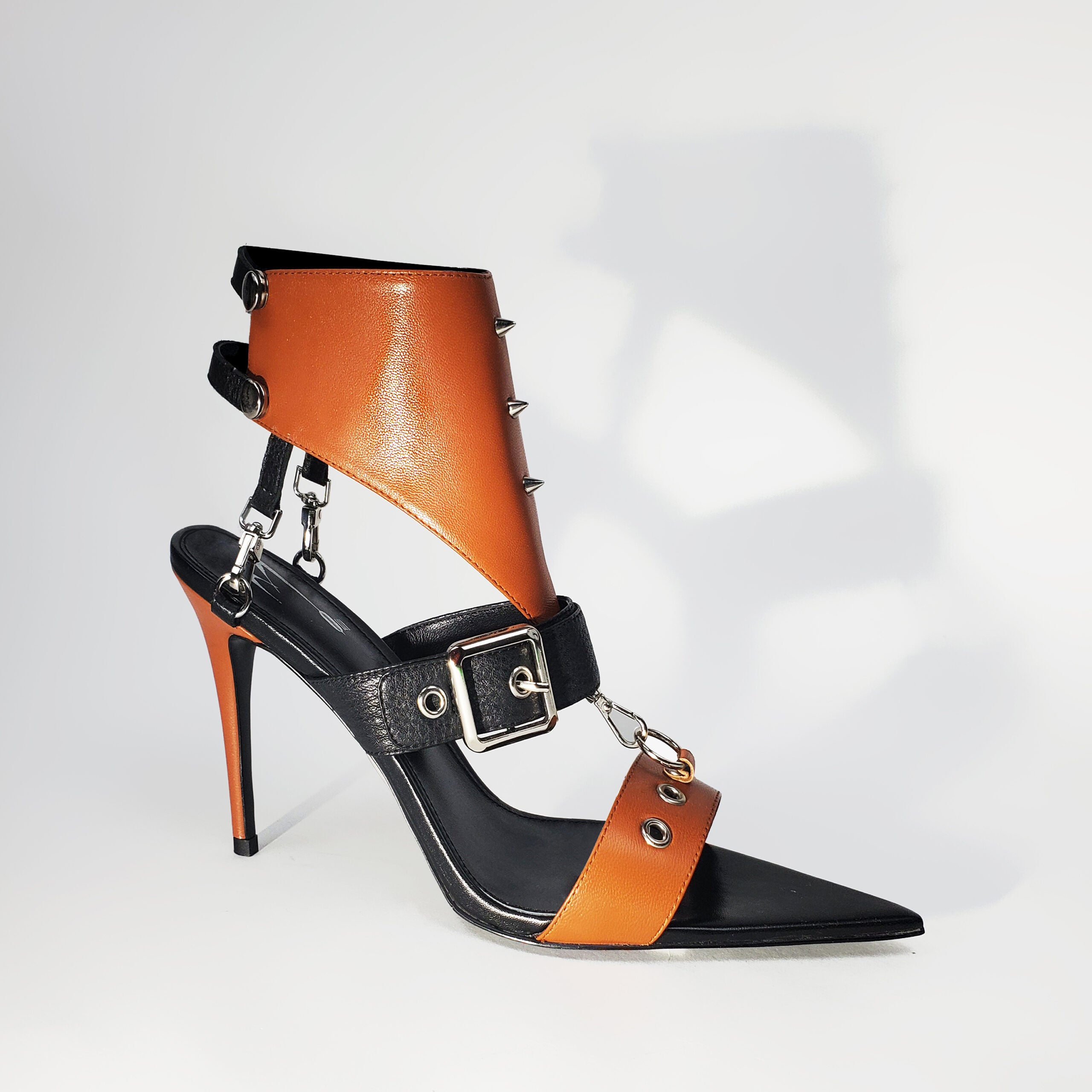 Tan brown high heel leather stiletto shoes, Edgy luxury sandals with silver snaps and buckles, Side 3/4 view