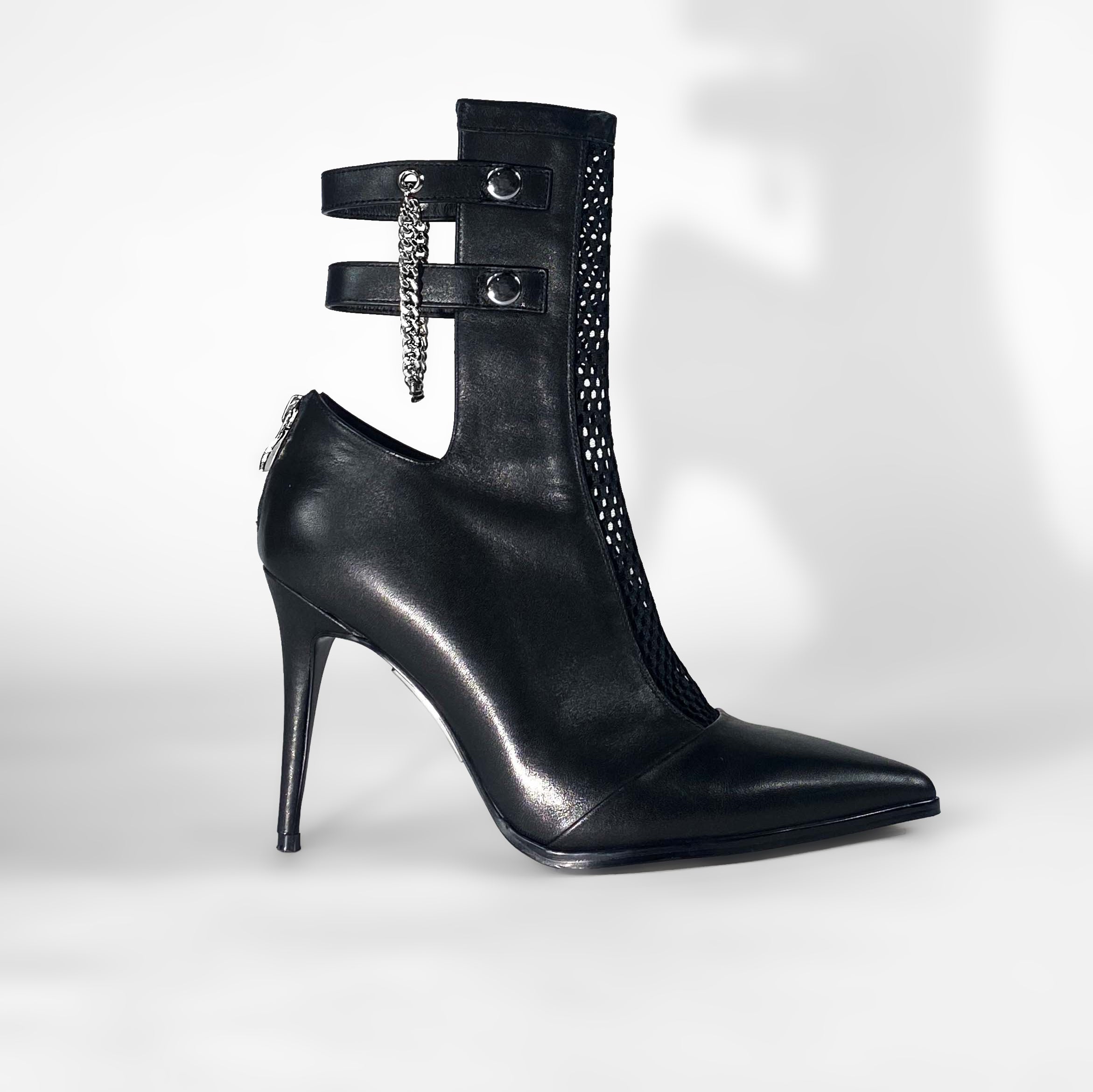 Black high heel leather boots, edgy luxury shoes with silver, Side 3/4 view