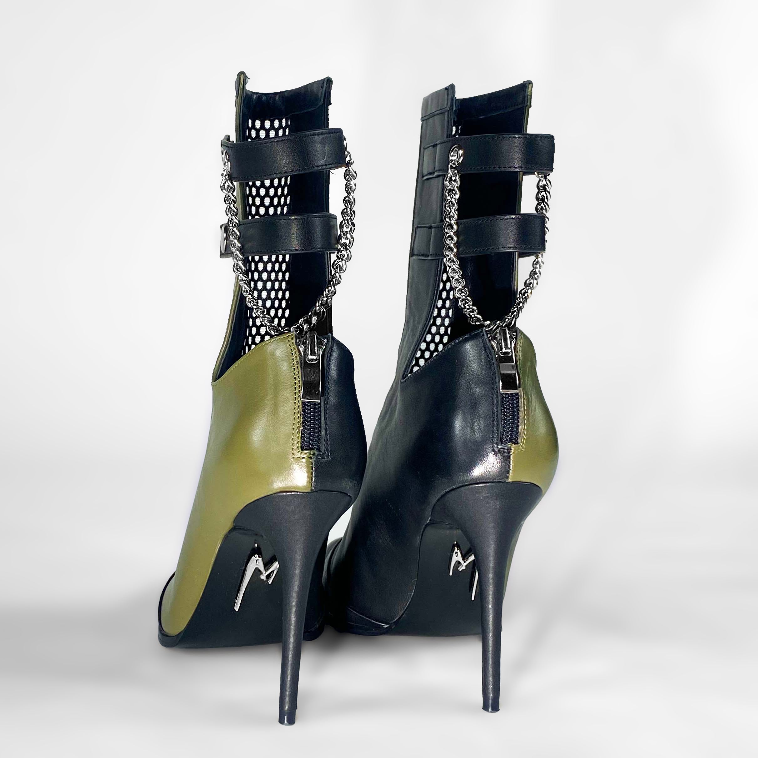 Olive green high heel leather boots, edgy luxury shoes with silver, back view