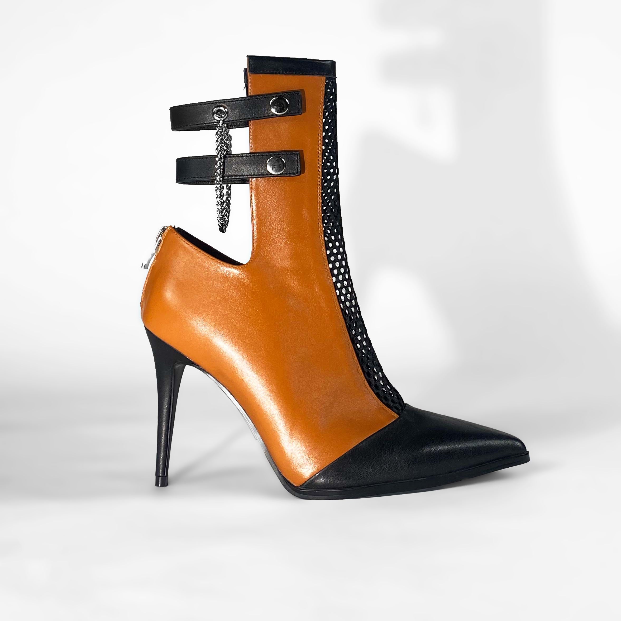 Brown and black high heel leather boots, edgy luxury shoes with silver, Side view