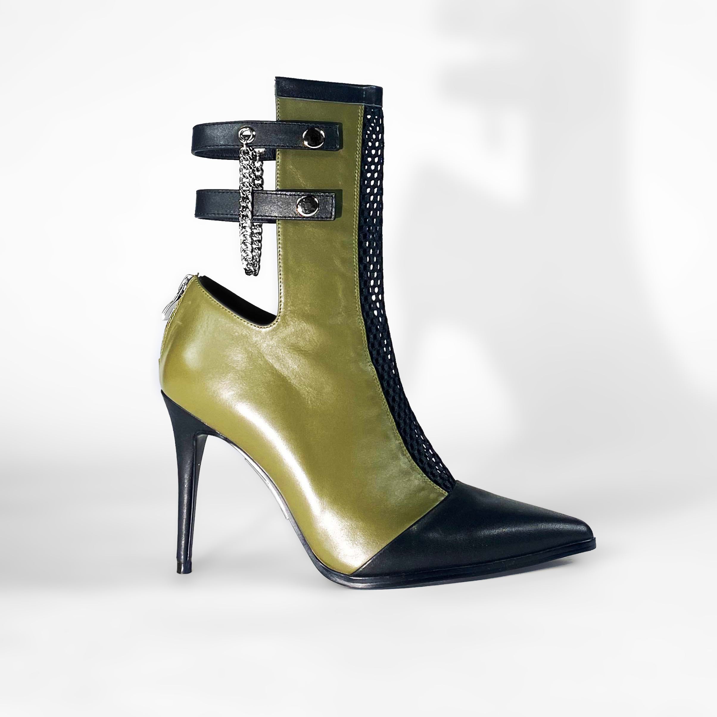 Olive green high heel leather boots, edgy luxury shoes with silver, Side view